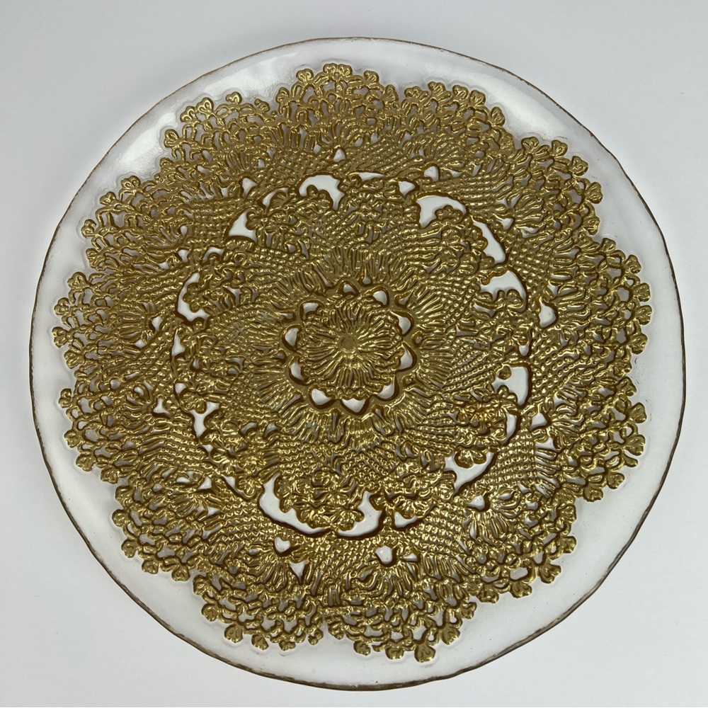 Turkish Glass Entrée 8” Plate Hand Painted Gold Lace MCM Glass Trinket Dish